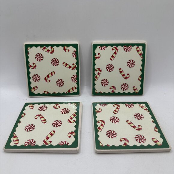 Set Of 4 Vintage Ceramic Tile Coasters With Candy Cane & Peppermint Design - Picture 1 of 4
